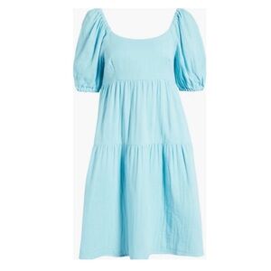 Caslon empire waist floaty tiered puff sleeve cotton dress in aqua, size XL